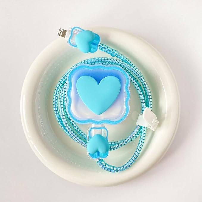 Charger Protection Set, Compatible with Apple 40W Dynamic Power Adapter (with 60W Max), DIY 3D Heart Wave Gradient Flexible TPU Charger Case + Laser Spiral Data Cable Protector, Blue (5in1)