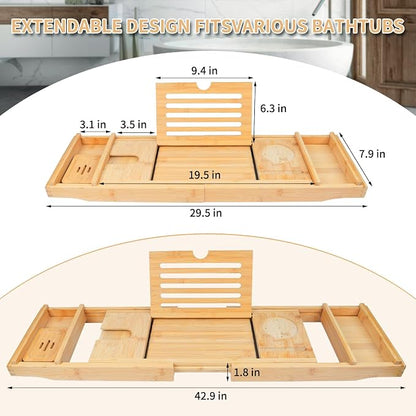 Bathtub Tray Caddy,Bamboo Bathroom Accessories,Expandable Bath Tray,Can be Placed Book and Integrated Tablet Smartphone and Wine Holder,Relaxing Gifts for Women(Natural)