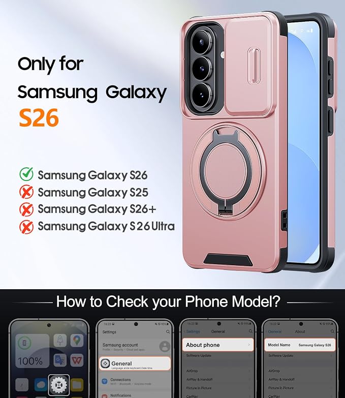 JAME for Samsung Galaxy S26 Case, Ring Holder Stand Kickstand, Slide Camera Cover with Screen Protector, Dual-Layer Shockproof Protective, Magnetic Accessory Friendly Galaxy S26 Phone Case, Pink