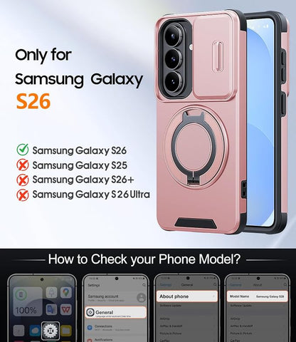 JAME for Samsung Galaxy S26 Case, Ring Holder Stand Kickstand, Slide Camera Cover with Screen Protector, Dual-Layer Shockproof Protective, Magnetic Accessory Friendly Galaxy S26 Phone Case, Pink