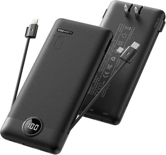 Portable Charger with Wall Plug, Slim USB C Power Bank with Built-in Cables, 10000mah LED Display External Battery Pack Compatible with iPhone/Android & More (Black)