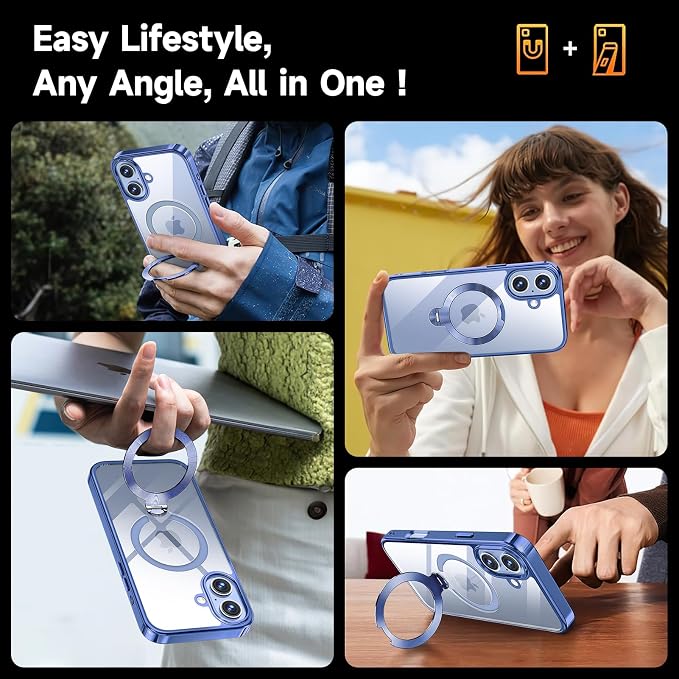 [Tri-Shield Protection] for iPhone 17 Case with 360° Spin Stand Compatible with MagSafe [Magnetic CD Ring] [Screen & Camera Lens Protector] Shockproof Plating Never-Yellowing, Blue-6.3"