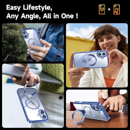 [Tri-Shield Protection] for iPhone 17 Case with 360° Spin Stand Compatible with MagSafe [Magnetic CD Ring] [Screen & Camera Lens Protector] Shockproof Plating Never-Yellowing, Blue-6.3"