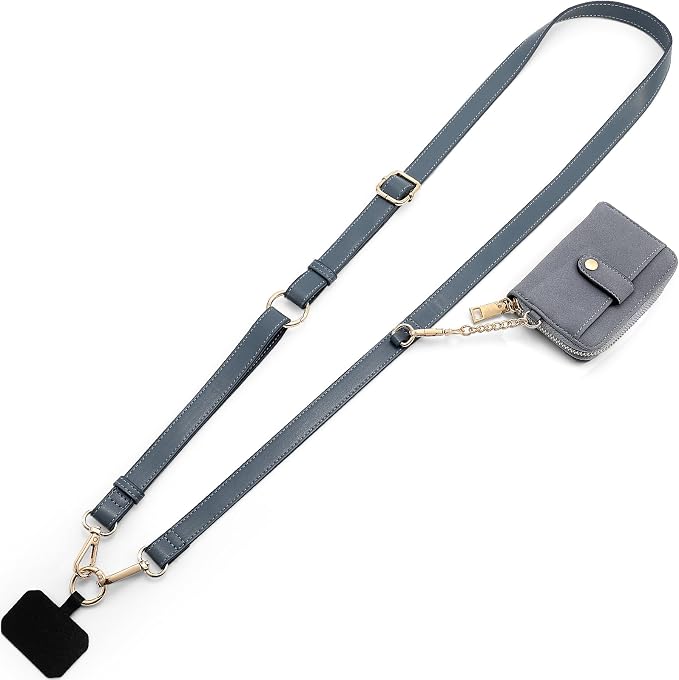 Diaclara Clip and Go Leather Phone Strap with Zipper Pouch- Stylish Crossbody Adjustable Lanyard with Wallet for All Phones, Blue
