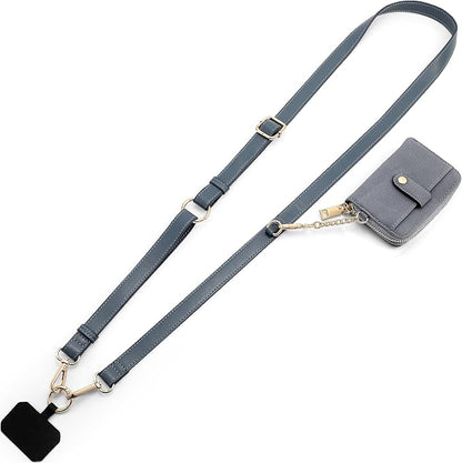 Diaclara Clip and Go Leather Phone Strap with Zipper Pouch- Stylish Crossbody Adjustable Lanyard with Wallet for All Phones, Blue