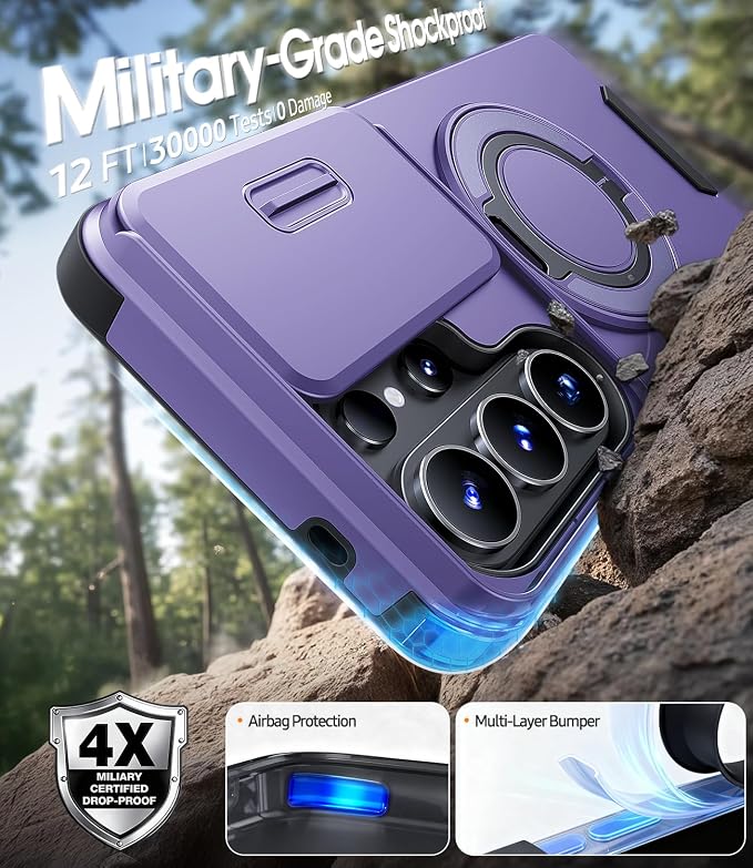 JAME for Samsung Galaxy S26 Ultra Case, Ring Holder Stand Kickstand, Slide Camera Cover with Screen Protector, Dual-Layer Shockproof Protective Magnetic Accessory Friendly S26 Ultra Phone Case, Purple