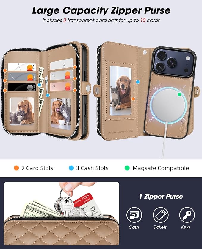 OCASE for iPhone 17 Pro Crossbody Detachable Wallet Case, PU Leather Handbag Phone Purse with Zipper Closure, Card Slots & RFID Blocking, Wrist Strap, Lanyard, Kickstand, Diamond Check Khaki