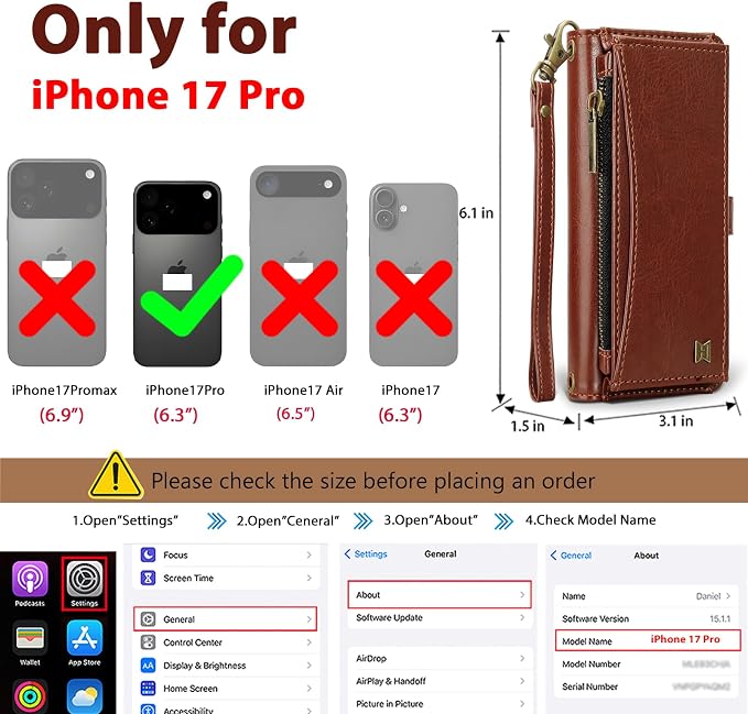 Wallet Case for iPhone 17 Pro with Card Holder/Crossbody Wallet/Strap,[RFID Blocking][Magnetic] PU Leather Phone Case for iPhone 17 Pro,6.3 in,Brown