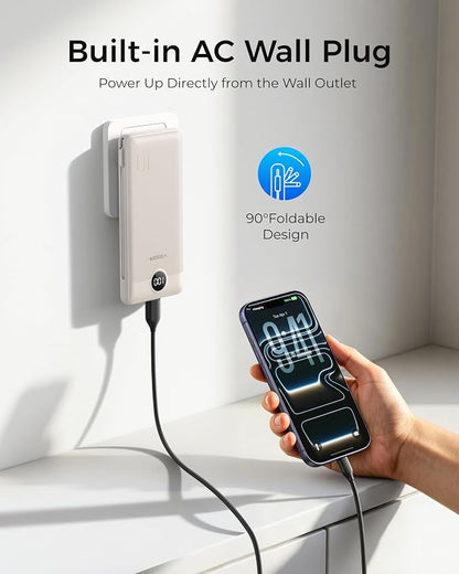 VEGER Portable Charger with Built-in AC Plug and Cables, All in One 10000mAh Ultra Slim Power Bank Travel Essentials, USB C External Battery Pack Compatible with iPhone, Samsung, More, Coffee
