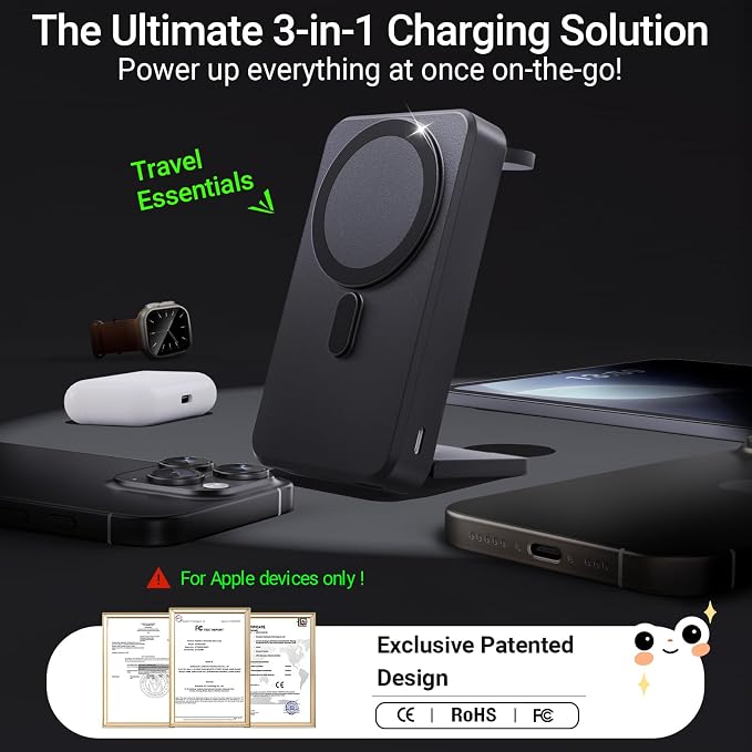 3-in-1 Portable Charger,10000mAh Foldable Power Bank Fast Charging,MagSafe Charger Battery Pack Magnetic,Travel Wireless Charging Station for iPhone 17/16/15/14/13/12,iWatch,Air pods,MatteBlack