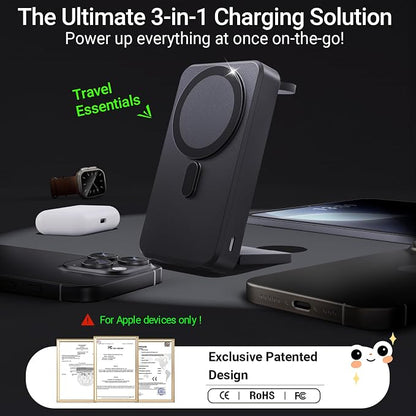 3-in-1 Portable Charger,10000mAh Foldable Power Bank Fast Charging,MagSafe Charger Battery Pack Magnetic,Travel Wireless Charging Station for iPhone 17/16/15/14/13/12,iWatch,Air pods,MatteBlack