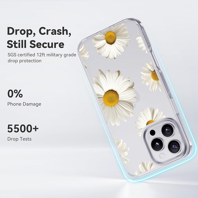 CASEKOO White Daisy for iPhone 16 Pro Case, [Never Yellow Technology] [12FT Military-Grade Protection] Transparent Slim Floral Cover Women Men 16 Pro Phone Case 6.3 inch, White Daisy