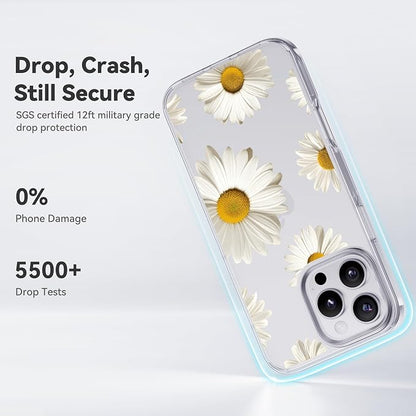 CASEKOO White Daisy for iPhone 16 Pro Case, [Never Yellow Technology] [12FT Military-Grade Protection] Transparent Slim Floral Cover Women Men 16 Pro Phone Case 6.3 inch, White Daisy