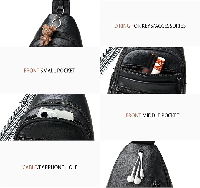 Leresas Sling Bag for Women Cross Body Bags Fanny Packs Over the Shoulder Bag Sling Backpack Vegan Leather Trendy Gifts Travel Handbag Black