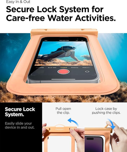 Spigen AquaShield Universal Waterproof Phone Pouch, Waterproof Phone Case, PVC Protective Dry Bag Cases with IPX8 A601 Compatible with iPhone, Galaxy, Google (Pack of 1) - Transparent Apricot