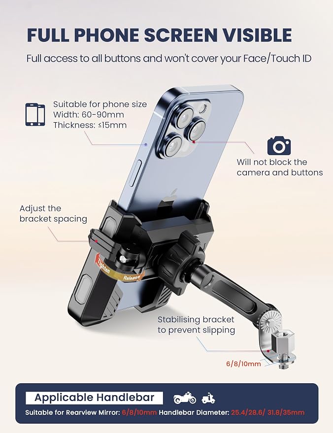 Grefay Motorcycle Phone Mount, 1S Quick Release. Anti Shake Motorbike Phone Holder for 4.0-7.0 Inch Smartphone for Motorcycle Mirror Phone Mount with 360° Rotatabe