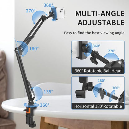 Phone Holder for Bed Desk, Overhead Phone Mount with Wireless Remote, Flexible Phone Stand Lazy Bracket Mount Long Arms Clamp for iPhone, Samsung, Google Pixel, Moto