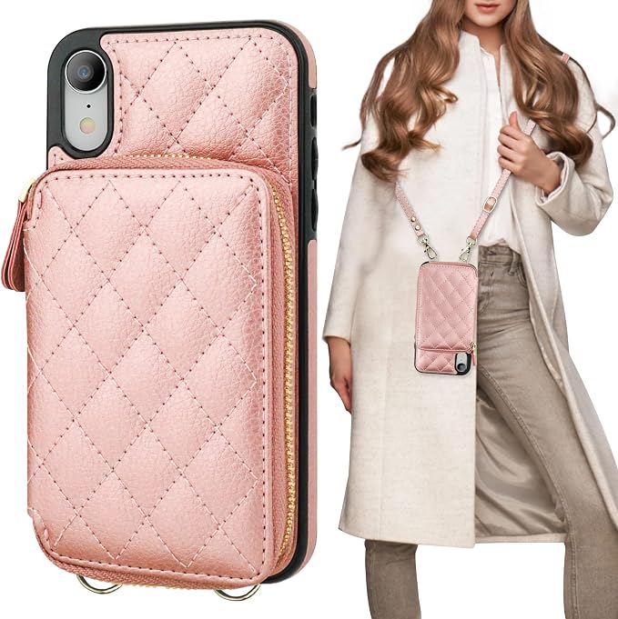 Bocasal Crossbody Wallet Case for iPhone Xr, RFID Blocking PU Leather Zipper Handbag Purse Flip Cover, Kickstand Folio Case with Card Slots Holder Wrist Strap Lanyard 6.1 Inch (Rose Gold)
