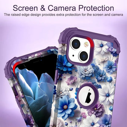 Hocase for iPhone 14 Case/iPhone 13 Case, Heavy Duty Shockproof Protection Soft Silicone Rubber+Hard Plastic Bumpers Hybrid Protective Case for iPhone 13/14 (6.1") - Blue Purple Flowers