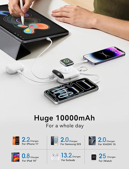 Portable Charger Power Bank, 10000mAh Fast Charging Power Bank with Built-in Cables, Travel Keychain Battery Pack with LED Display for iPhone Samsung Android iPad iWatch Charger 11/10/9/8/Ultra, White