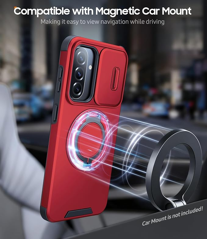 JAME for Samsung Galaxy A37/A36/A56 5G Case, Ring Holder Stand Kickstand, Slide Camera Cover, 2 Screen Protectors, Dual-Layer Shockproof Protective, Magnetic Accessory Friendly Phone Case, Red