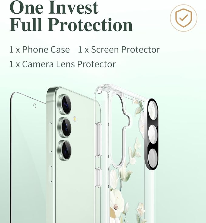 GVIEWIN for Samsung Galaxy S25 Case, Clear Floral Slim Shockproof Protective Women Phone Case, Non-Yellowing, with Screen Protector & Camera Lens Protector for Galaxy S25 6.2", Hibiscus/Green