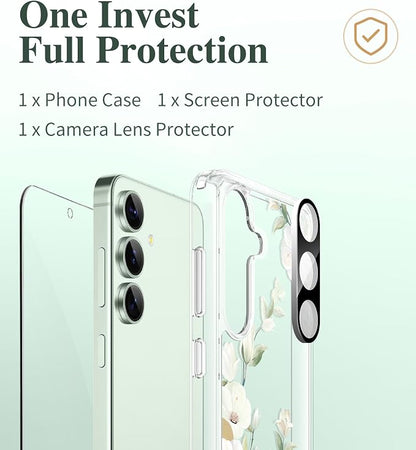 GVIEWIN for Samsung Galaxy S25 Case, Clear Floral Slim Shockproof Protective Women Phone Case, Non-Yellowing, with Screen Protector & Camera Lens Protector for Galaxy S25 6.2", Hibiscus/Green