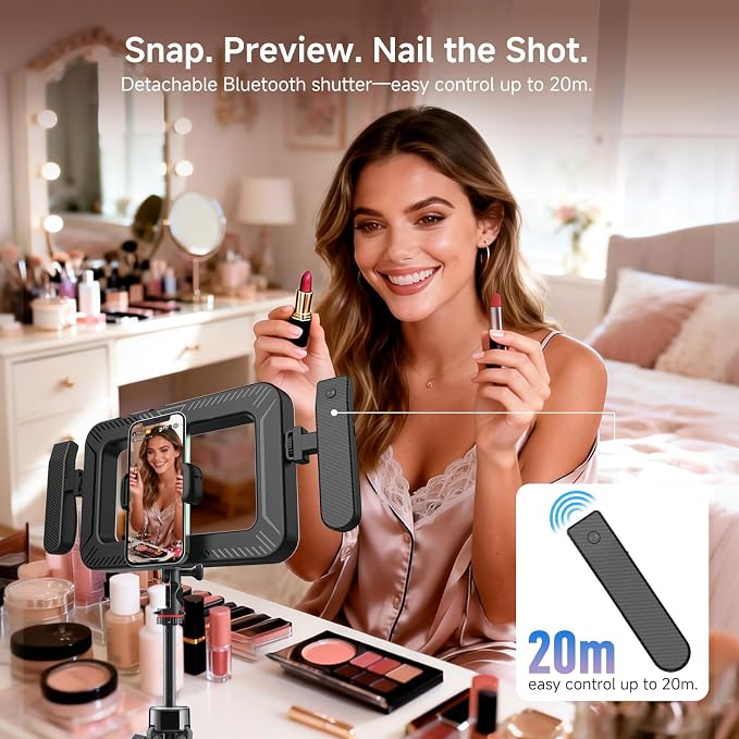 Handheld Smartphone LED Ring Light Video Rig with 20m Bluetooth Remote Handle, Ergonomic Stabilizer, 2900K-7000K Adjustable, Fast-Charge, 1/4” Mount for Selfies, Makeup, Live Streaming, Vlogging