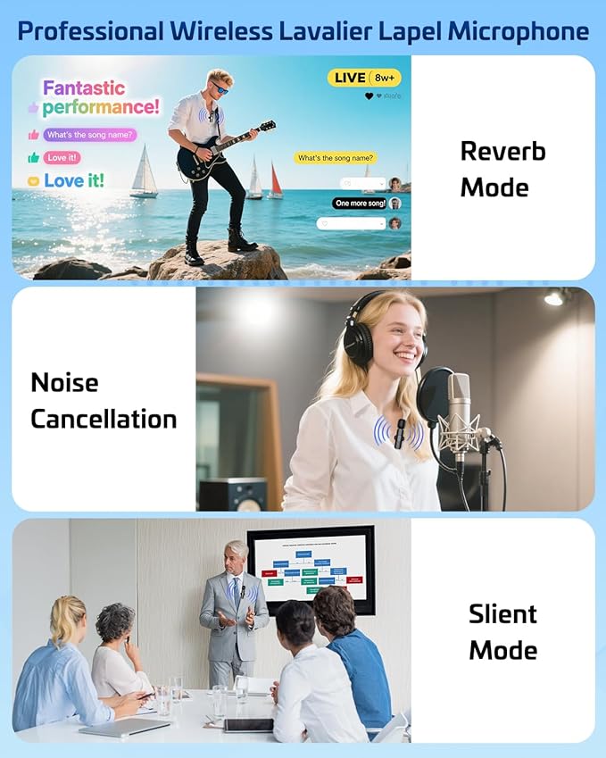 Wireless Lavalier Lapel Microphone for iPhone – Mini Bluetooth Mic with Reverb, Portable Clip-on Mic for Video Recording, Vlogging, Podcast, Interviews, TikTok, YouTube