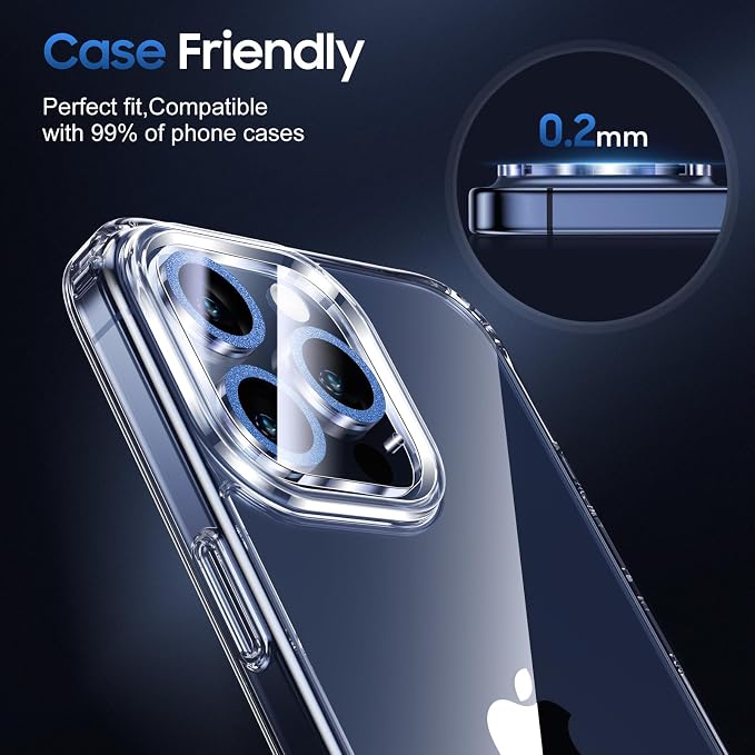 UniqueMe for 3 Pack iPhone 15 Pro/iPhone 15 Pro Max Camera Lens Protector, [Drop Protection] [Case Friendly] 9H+ Tempered Glass Camera Cover Screen [Update New Version] - Glitter Blue