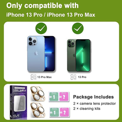 2-Pack Shatterproof Camera Lens Protector for iPhone 13 Pro/13 Pro Max |AR Tempered Glass Strong Adsorption Metal Camera Cover Screen(Gold)