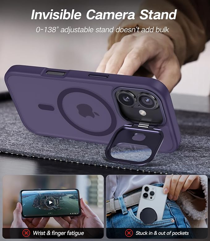 [Upgraded] for iPhone 16 Case with Camera Cover Stand [Fit for MagSafe][9H Camera Lens Protector] Mil-Grade Protection Translucent Matte Silicone Magnetic iPhone 16 Phone Case, Purple