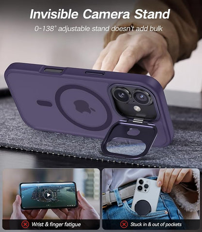 [Upgraded] for iPhone 16 Case with Camera Cover Stand [Fit for MagSafe][9H Camera Lens Protector] Mil-Grade Protection Translucent Matte Silicone Magnetic iPhone 16 Phone Case, Purple