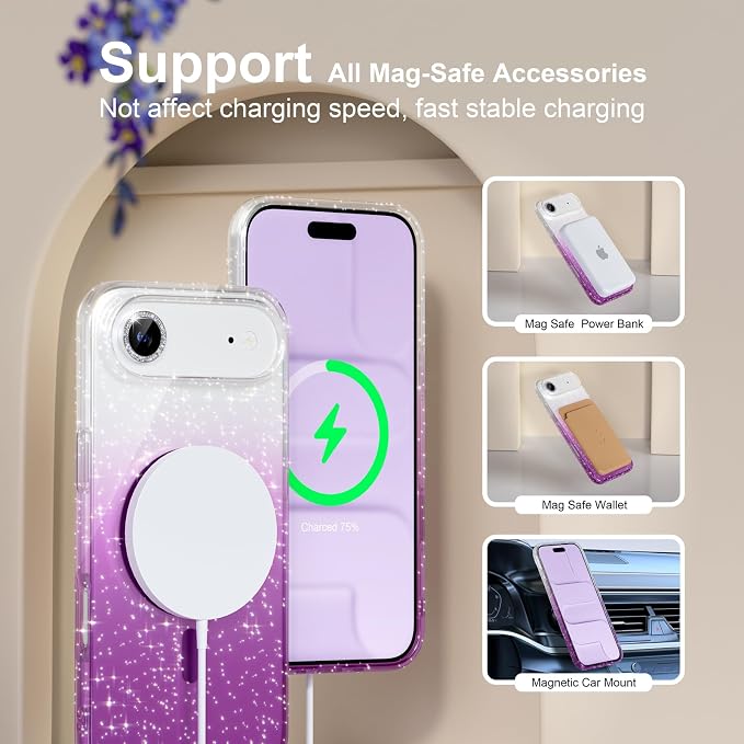 Choiche Magnetic for iPhone 17 Air Case Compatible with MagSafe, Women Cute Glitter Sparkly Phone Case with Diamond Camera Lens Protectors, Military-Grade Drop Protection 6.5" (Clear/Purple)