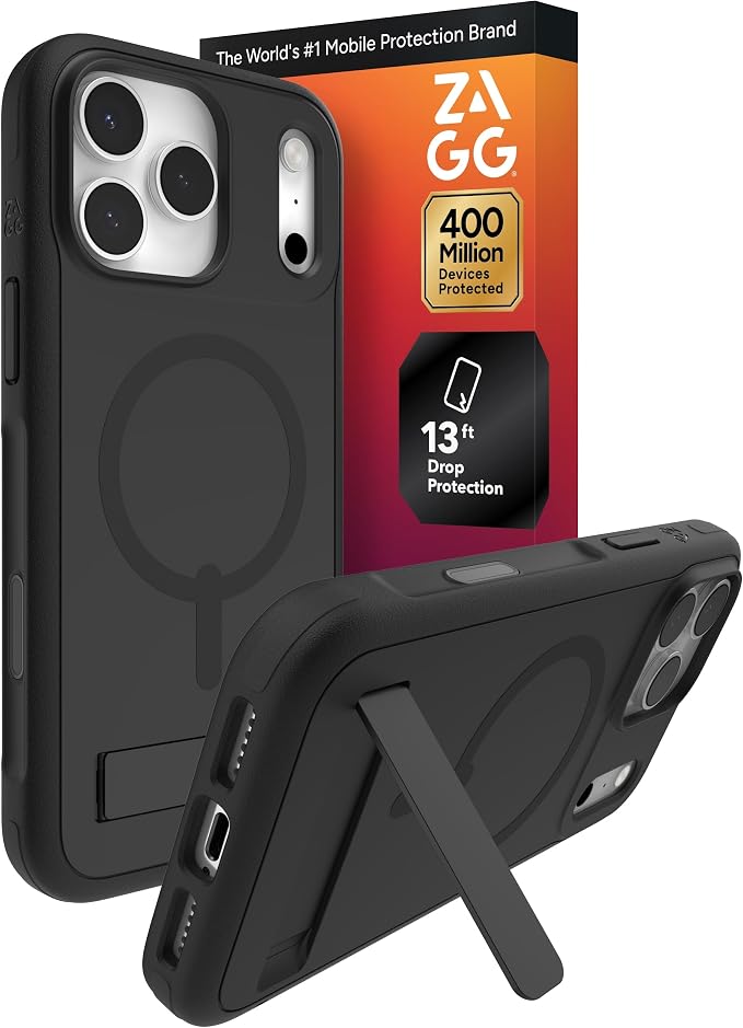 ZAGG Sedona Snap Case with Kickstand for iPhone 17 Pro Max - Pitch Black, Drop Protection (13ft/4m), Multi-Layer Protection, with Camera Button, MagSafe Phone Case with Impact-Absorbing Bumpers