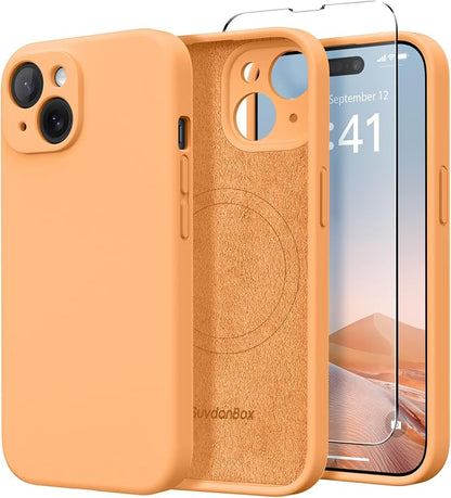 Magnetic for iPhone 15 Case, Compatible with MagSafe, [Screen Protector + Full Camera Protection], Silicone Shockproof Anti-Scratch Protective Phone Case for iPhone 15 6.1", Cantaloupe
