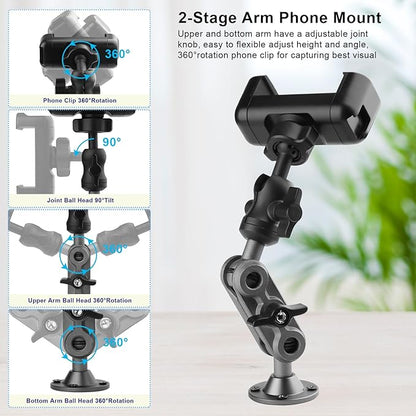 Wall Mount Phone Holder Drilling Base Heavy Duty iPhone Stand,360° Adjustable 2-Stage Arms Mount for Wall/Desk/Car/Truck/Van Dashboard,Compatible with 3.5~7.5" iPhone/HTC/LG/Nexus/Huawei Smartphone