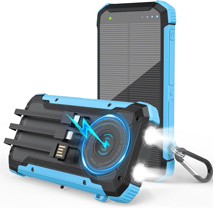 Solar Power Bank 20000mAh, Portable Charger with Built-in 3 Cables (USB-C/Lightning/Micro-USB), 15W Fast Charge, Battery Pack for iPhone Samsung Android, Solar for Emergency Only, Perfect for Camping