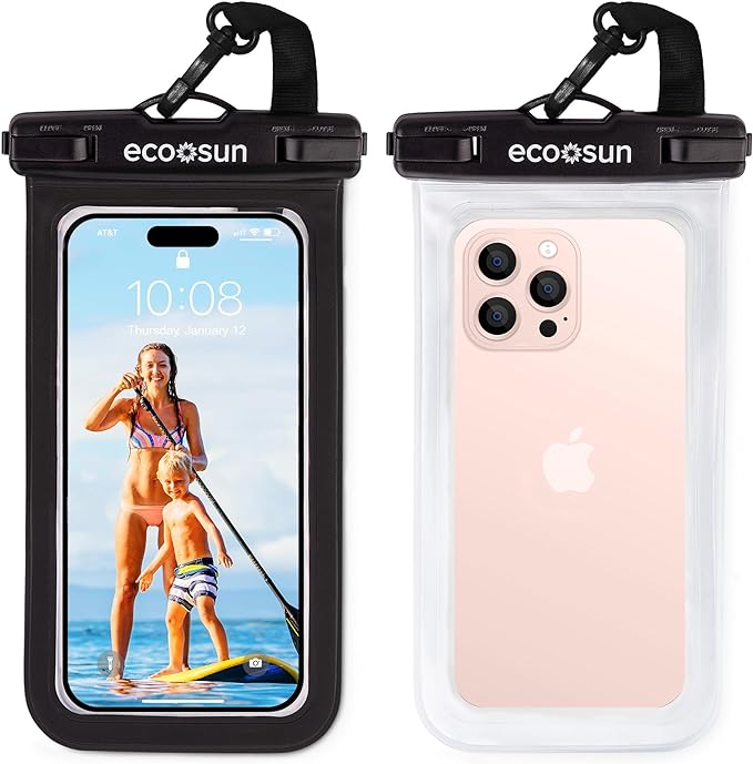 Eco Sun Waterproof Phone Pouch (2-Pack) — Designed in Hawaii — Case Fits All iPhones (incl. 17 Pro Max), Samsung Galaxy S24 & More (Black/Clear)