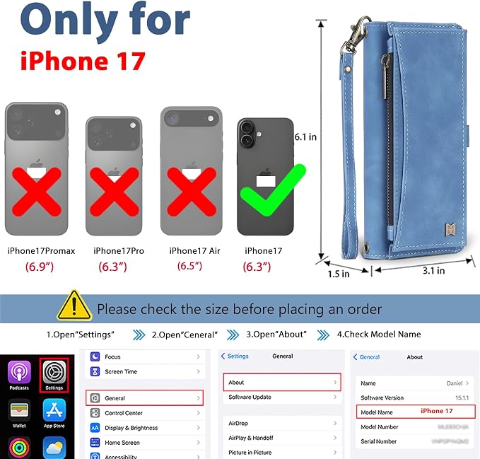 Wallet Case for iPhone 17 with Card Holder/Crossbody Wallet/Strap,[RFID Blocking][Magnetic] PU Leather Phone Case for iPhone 17,6.3 in,Dream Sky Blue