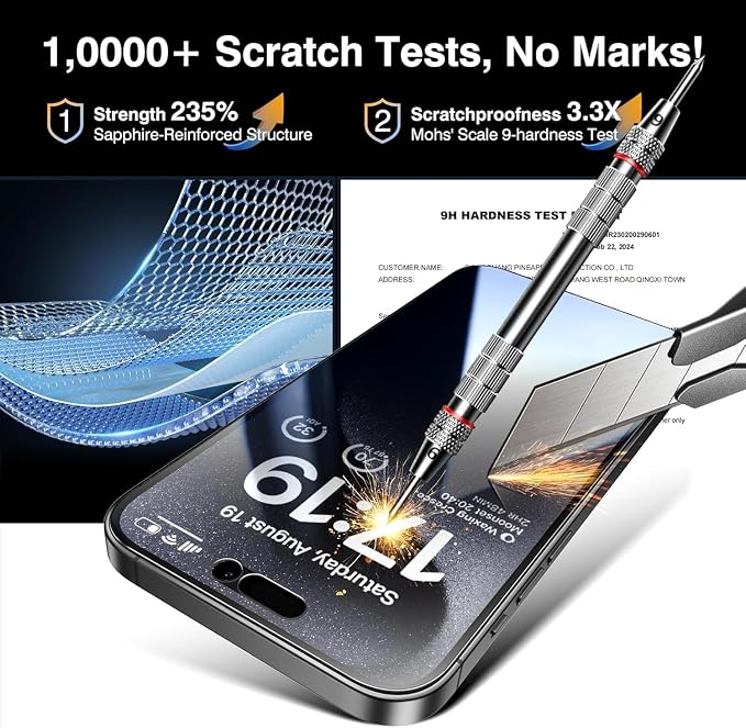EZ-GLAZ- 4 Pack for iPhone 15 Pro Privacy Screen Protector [6.1"] With 2 Pack Camera Lens Protector, 9H+ Hardness 12FT Military Grade Shatterproof Scratch Resistant Durable Tempered Glass Film with Flawless Fit Kit
