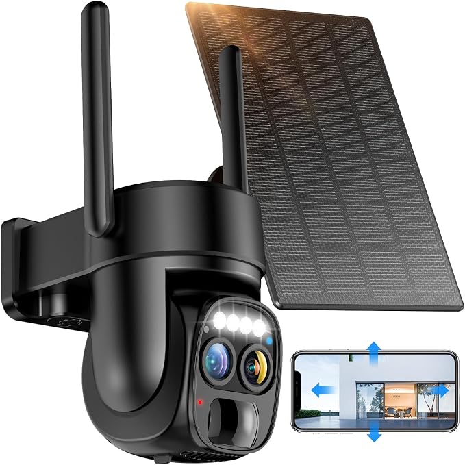 Hawkray Pannel Solar Wireless Outdoor Security Camera， Dual-Lens, 10xZoom, 2K Resolution 3MP 360°Pan/Tilt，2.4&5G WiFi Battery Powered Camera with Spotlight Alarm PIR Motion Detection