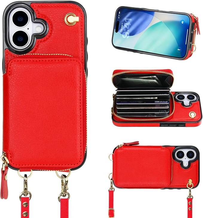 Bocasal Crossbody Wallet Case for iPhone 17, RFID Blocking Leather Purse Case with Card Holder, Protective Handbag Flip Cover with Zipper Wrist Strap Lanyard for Women 5G 6.3 Inch (Red)