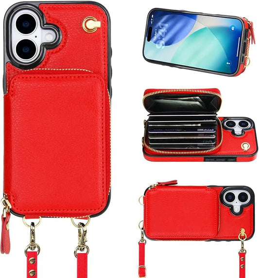 Bocasal Crossbody Wallet Case for iPhone 17, RFID Blocking Leather Purse Case with Card Holder, Protective Handbag Flip Cover with Zipper Wrist Strap Lanyard for Women 5G 6.3 Inch (Red)