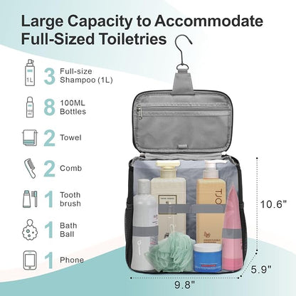 F-color Hanging Shower Caddy Portable with Clear Makeup Bag - College Dorm Essentials for Guys with Hooks Black, TSA Approved Toiletry Bag for Travel Size, Black