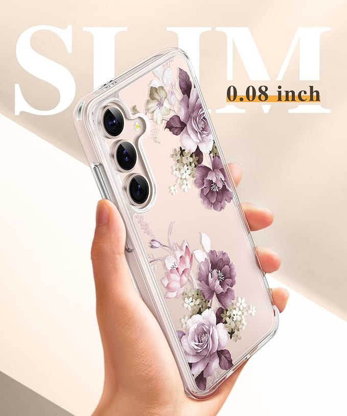 GVIEWIN for Samsung Galaxy S25 Case, Clear Floral Slim Shockproof Protective Women Phone Case, Non-Yellowing, with Screen Protector & Camera Lens Protector for Galaxy S25 6.2", Cherry Blossoms