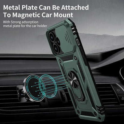 Weycolor for iPhone 14 Pro Max Case with Camera Lens Cover, HD Screen Protector, 10 FT Military Grade Drop Protection, Magnetic Ring Holder Kickstand Protective Phone Case, Pine Green