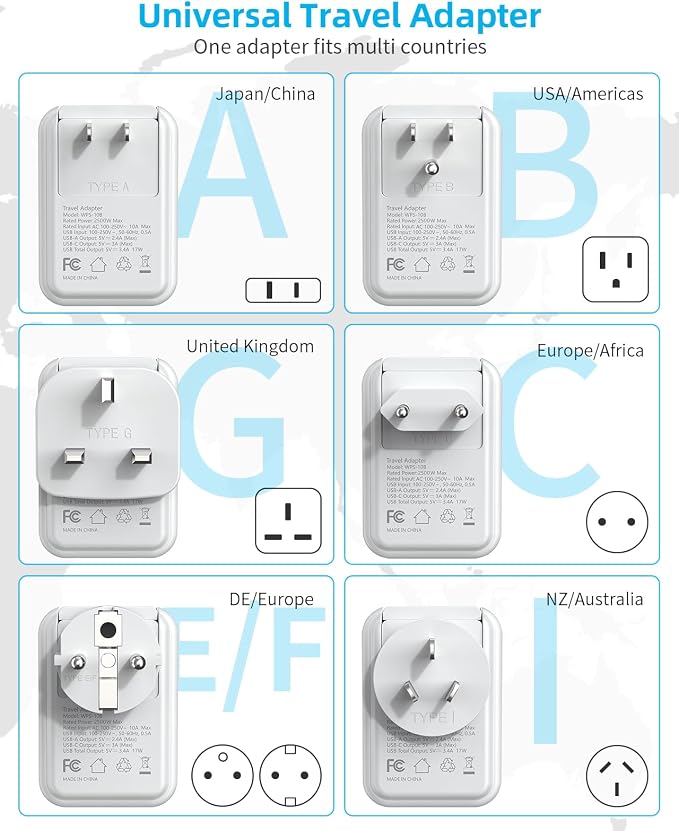International Power Adapter Set, Travel Adapter, US to EU/UK/AUS/Japan | Travel Plug Adapter, Type F/G/I/C/B/A Detachable Plug, 4 AC Outlets 4 USB Ports (2 USB C), Worldwide Universal Travel Adapter