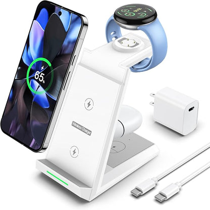 NANAMI Wireless Charger for Google - 3 in 1 Wireless Charging Station Fast Charger Stand Dock for Pixel 9/9 Pro XL/Fold/8/7,Buds Pro 2/Pro, Watch 3/2,Fitbit Versa 4/Sense 2(Not for Pixel Watch 1/4)