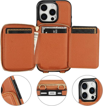 Bocasal RFID Blocking Wallet Case for iPhone 16 Pro, Adjustable Crossbody Zipper Purse Case Card Holder with Kickstand Detachable Wrist Strap, PU Leather Flip Folio Case 6.3 Inch 5G (Brown)